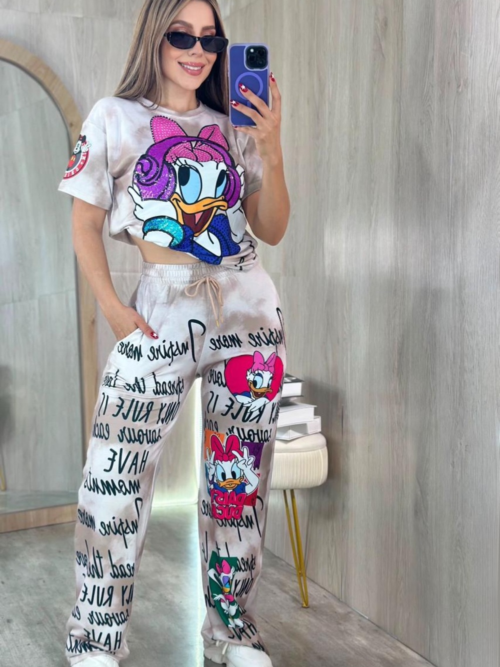 Disney Daisy Duck 2 Piece Jersey Polyester Set T-Shirt + Wide-Leg Pants